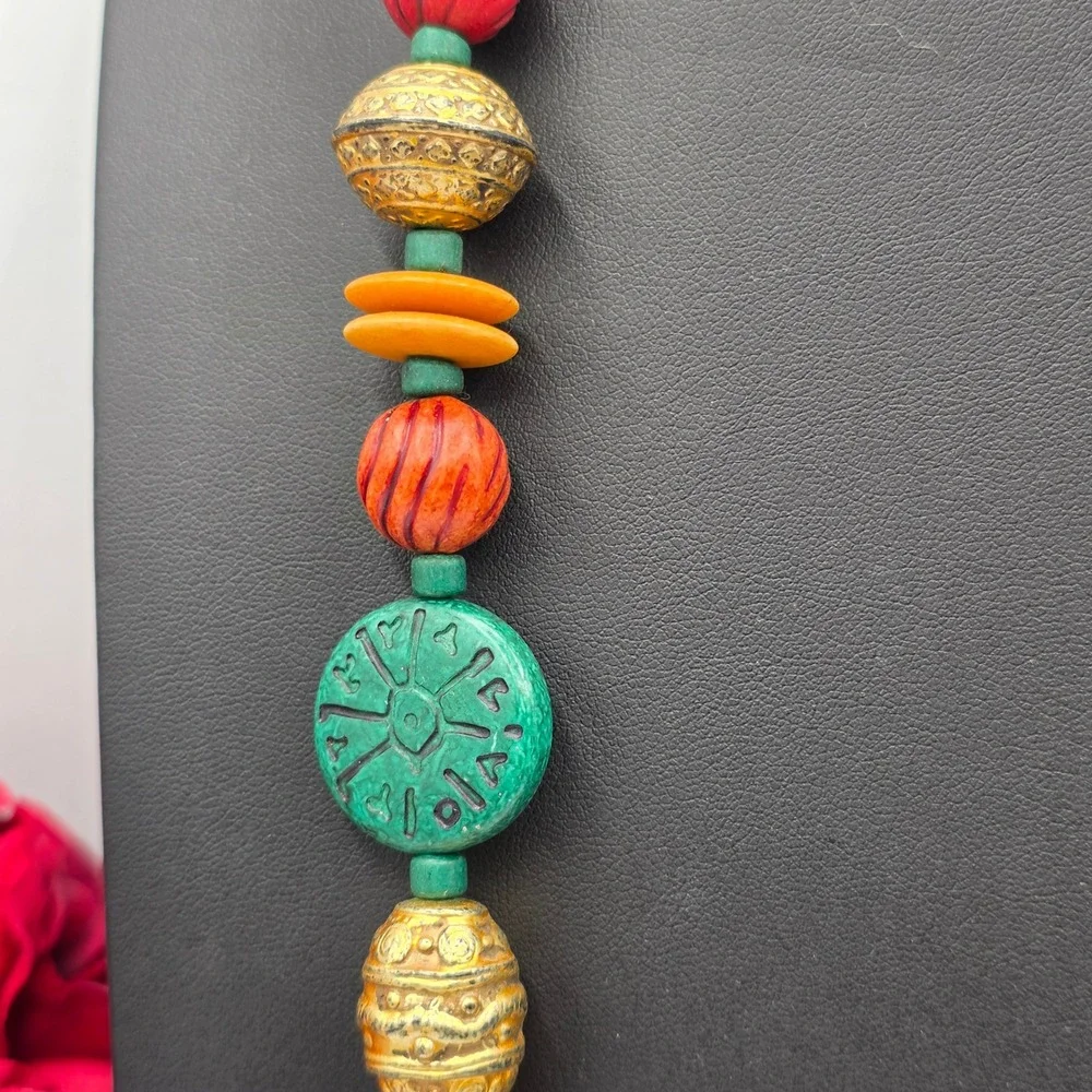 Boho Beaded Necklace Multicolor Carved Wood Gold Filigree‎ Tribal Statement 28in